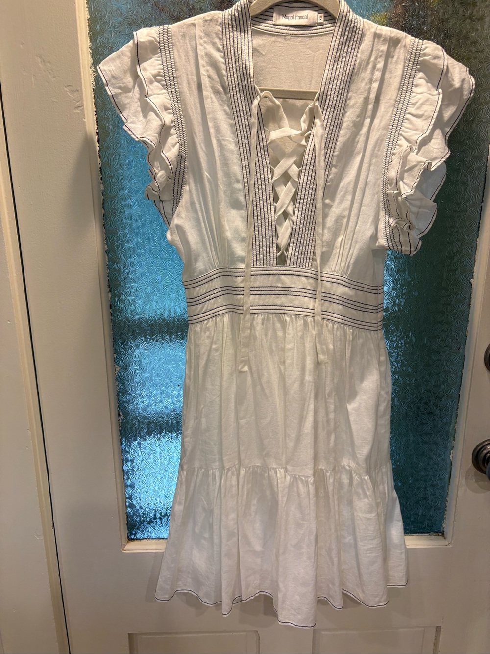 Magali Pascal XS White Lace-Up Ruffle Cotton Dress